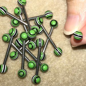 14 Gauge Black, green, and white striped design Tongue Ring
